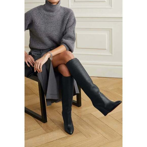 Christian Louboutin Civiliza 100 Black Leather Knee High Wedge Heel Boot 41.5 - Picture 3 of 12